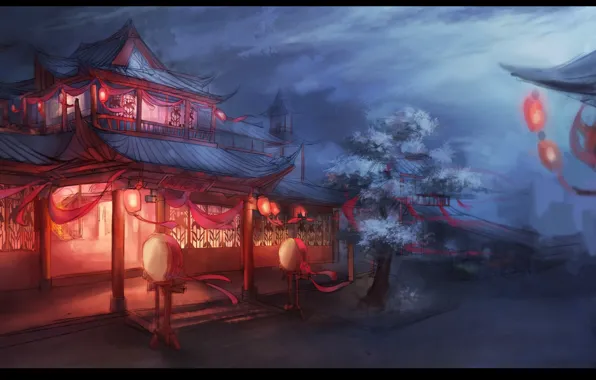 Картинка ночь, улица, Япония, сакура, цветение, свет в окнах, красные фонари, деревянные домики