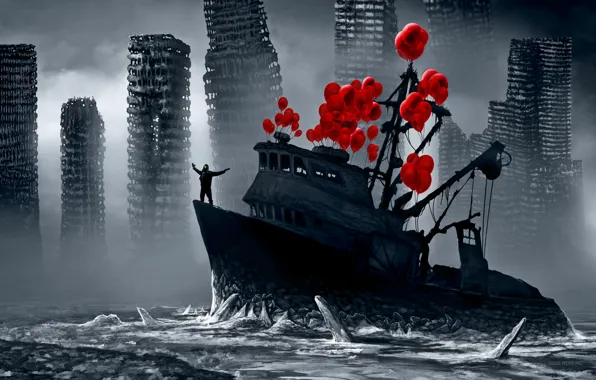 Воздушные шары, корабль, лёд, романтика апокалипсиса, romantically apocalyptic, flying fortress