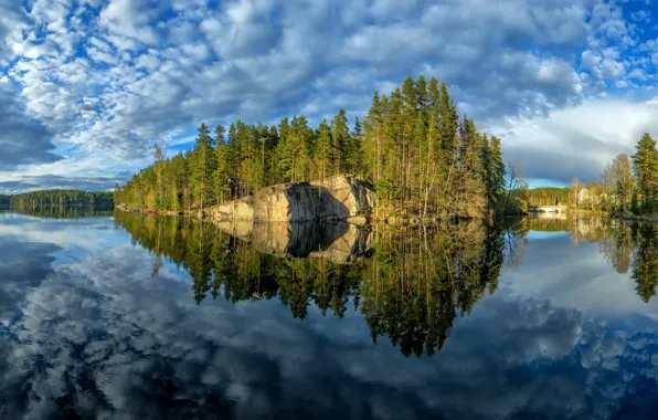 Деревья, озеро, отражение, остров, Финляндия, Finland, Kymenlaakso, Верла