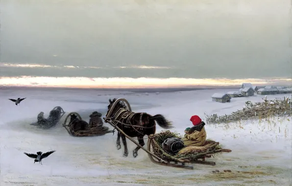 Картинка зима, снег, закат, люди, дома, картина, лошади, вороны