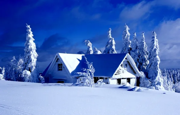 Картинка зима, небо, облака, снег, деревья, сказка, ели, домик
