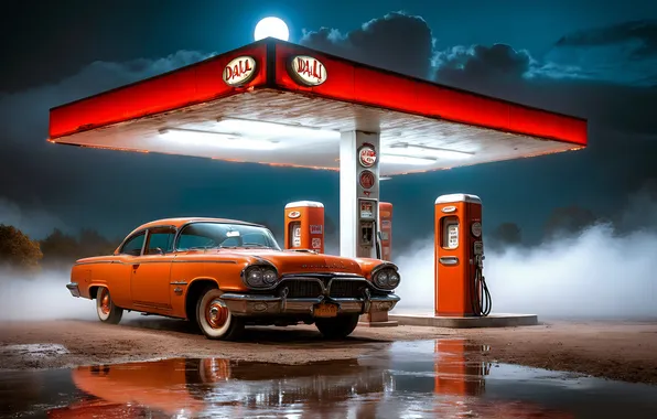 Картинка car, fog, gas station, ai art