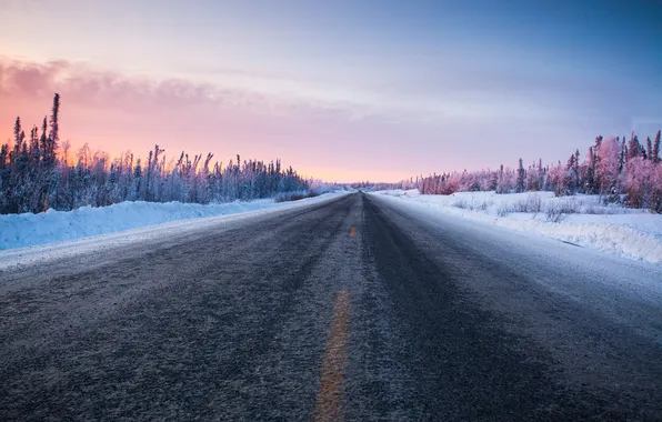 Картинка зима, дорога, закат