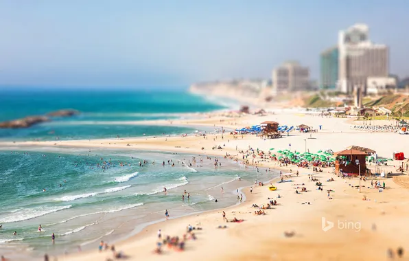 Море, пляж, небо, люди, дома, Израиль, Israel, Herzliya