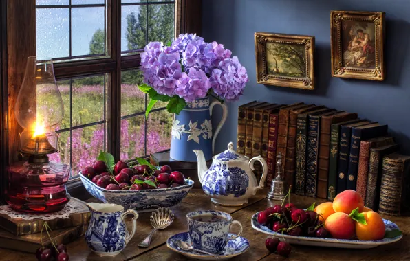 Цветы, стиль, ягоды, чай, книги, лампа, чайник, окно