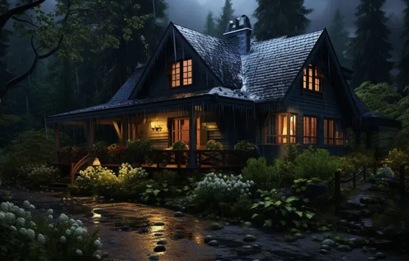 Лес, лето, капли, цветы, ночь, природа, огни, дом