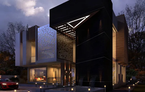 Дизайн, освещение, строение, MODERN VILLA, NIGHT SCENE
