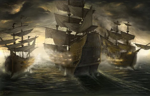 Картинка море, тучи, корабли, битва, сражение, TamplierPainter