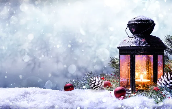 Картинка снег, праздник, ель, ветка, фонарик, фонарь, Новый год, шишки
