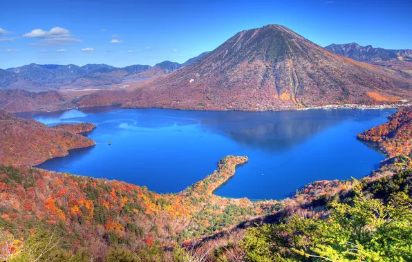 Картинка colors, red, japan, yellow, blue, autumn, mountain, lake