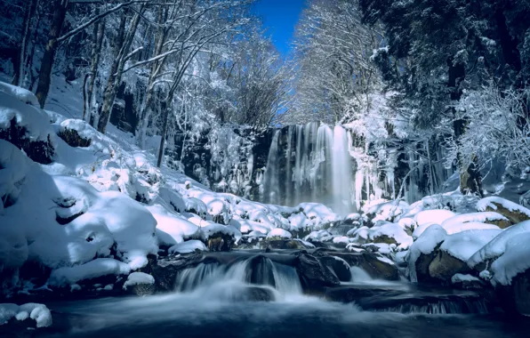 Картинка зима, лес, снег, деревья, река, водопад, Япония, Japan
