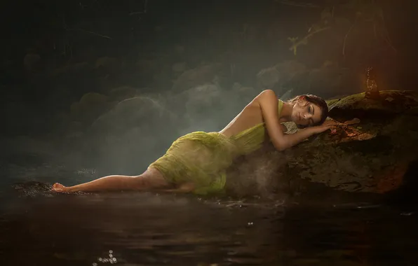 Лето, взгляд, вода, девушка, природа, поза, камни, берег