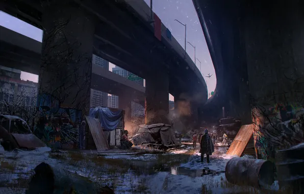 Снег, город, люди, разруха, Overpass