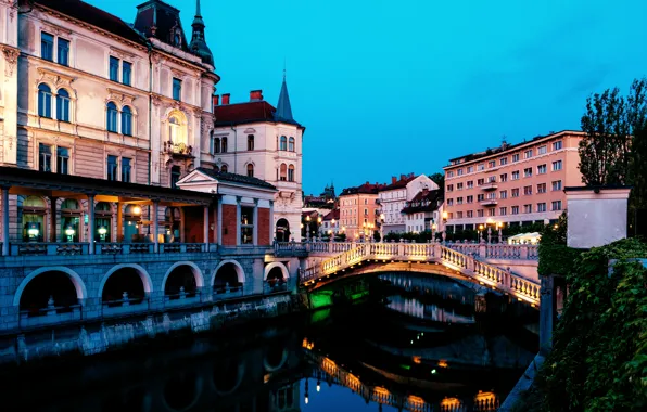 Мост, город, река, здания, дома, вечер, Словения, Любляна