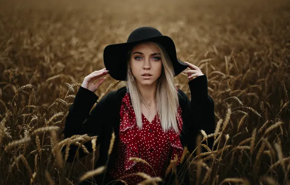 Картинка girl, long hair, field, hat, photo, blue eyes, model, bokeh