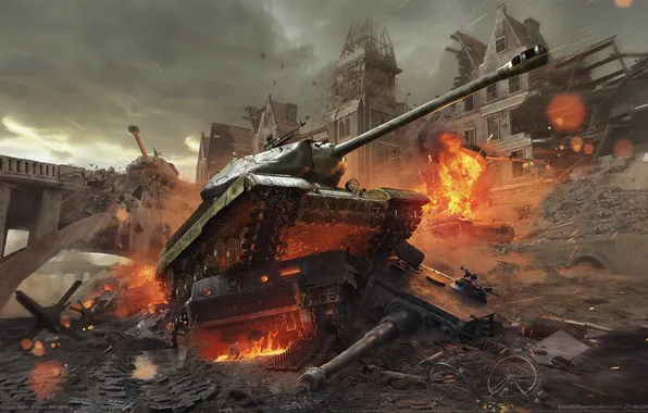 Картинка огонь, война, здания, разрушения, танк, game wallpapers, World of Tanks