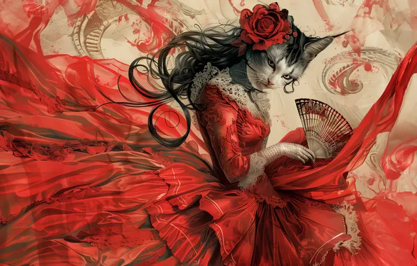 Кошка, фантазия, картина, фэнтези, история, мифология, имитация живописи, ИИ-арт