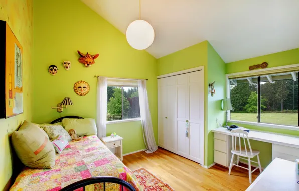 Комната, кровать, окно, Design, room, детская, Interior