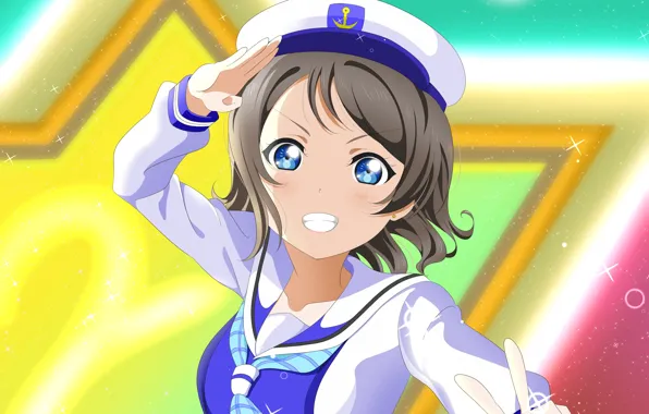 Улыбка, фон, арт, девочка, шапочка, Love Live School Idol Project, Живая любовь