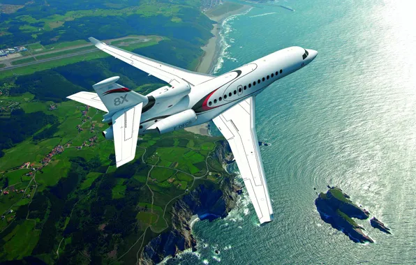 Море, Самолет, Остров, Скала, ВПП, Dassault Aviation, Dassault Falcon 8X, Бизнес-джет