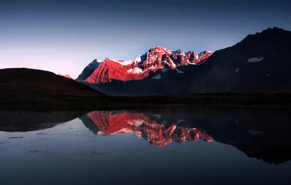 Картинка red, Mountain, lake, snow, light and darkness