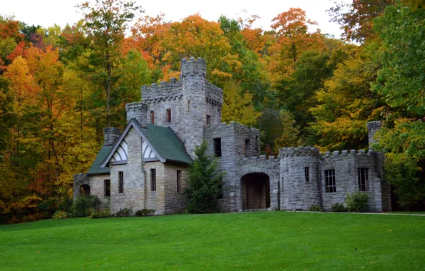 Картинка осень, лес, трава, деревья, замок, поляна, США, Squires Castle