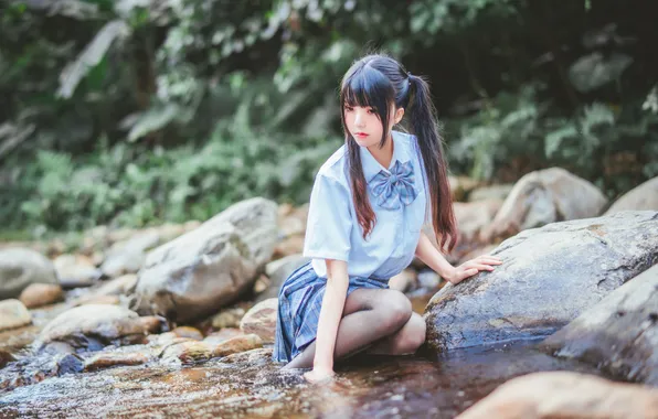 Rock, Beautiful, Asian, Model, Water, Woman, Cute, Pretty