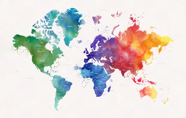 World, Colorful, Watercolors, World map