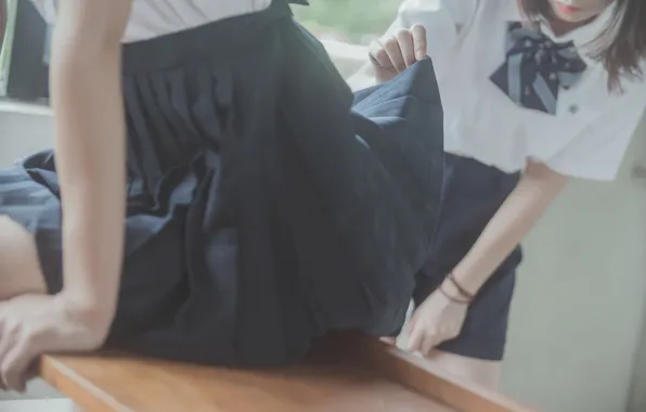 Asian, Women, Models, Babes, Desk, Sitting, Uniform, Close Up