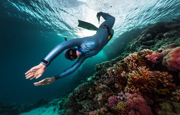 Underwater, man, diving