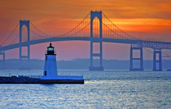 Картинка мост, маяк, США, Ньюпорт, Род-Айленд, Клейборн Пелл