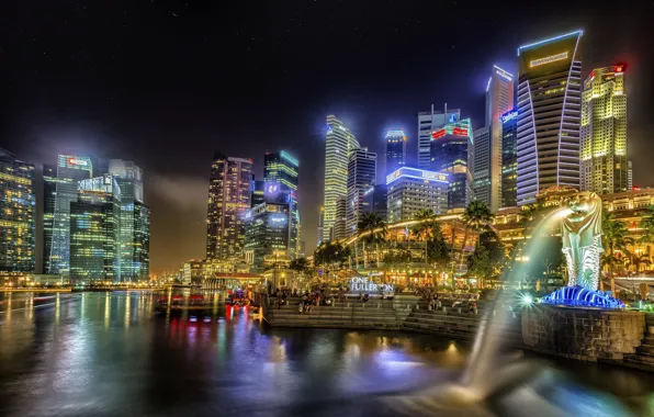 Ночь, город, огни, Сингапур, фонтан, иллюминация