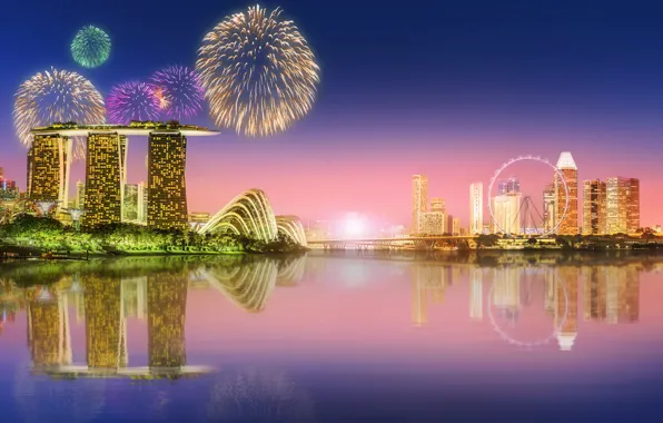Картинка море, пейзаж, lights, огни, небоскребы, салют, Сингапур, архитектура