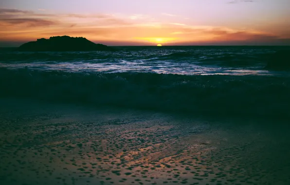 Море, пляж, солнце, закат, вечер, Сан-Франциско, США, штат Калифорния