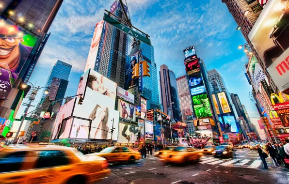 Картинка город, люди, такси, New York, Times Square