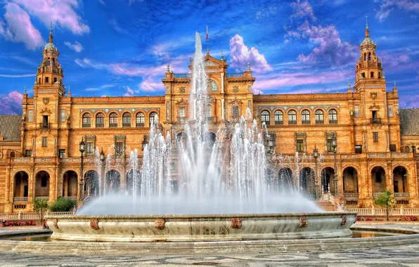 Небо, фонтан, Испания, дворец, Севилья, площадь Испании