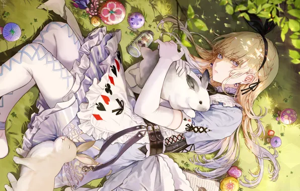 Грибы, банка, Alice in Wonderland, Алиса в Стране Чудес, Alice, фартук, лежит на траве, белый …