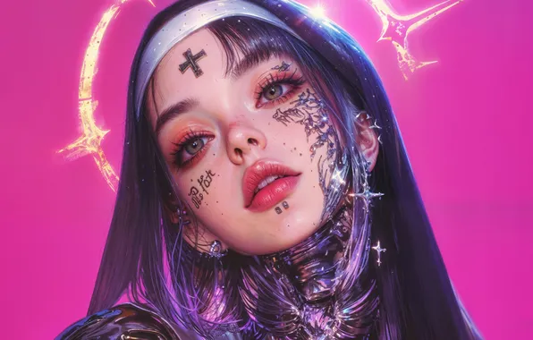 Картинка Girl, Anime, Tattoo, Pink Background, Nun, AI Generated