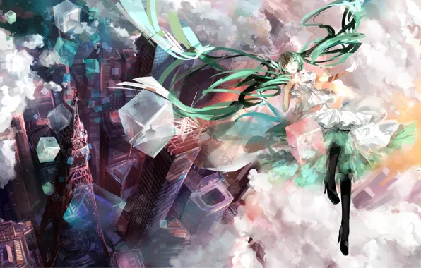 Девушка, облака, город, башня, высота, дома, арт, Hatsune Miku