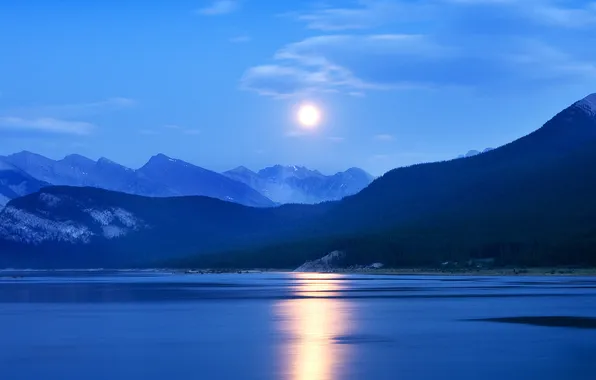 Картинка ночь, природа, луна, windows 8, горное озеро