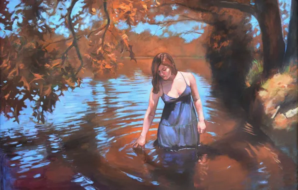 Картинка осень, задумчивость, река, дерево, листва, нарисованная девушка