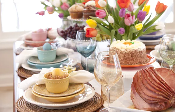 Bread, plates, decoration, egg, utensils, napkins