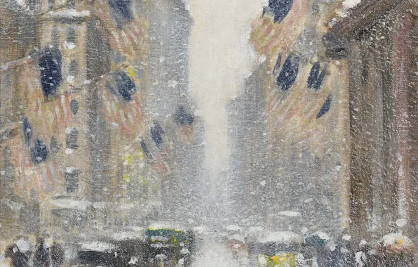 Картина, городской пейзаж, Guy Carleton Wiggins, Гай Уиггинс, Пурга на 5-й Авеню в день рождения …
