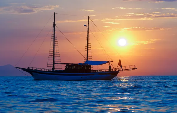 Море, солнце, корабль, вечер, Италия, Italy, мачты, Ла Специя