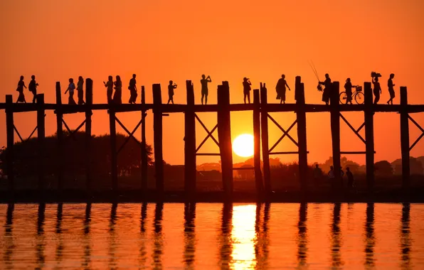 Море, вода, закат, мост, люди, силуэты, Landscape, bridge