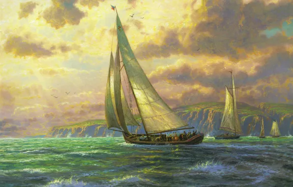 Картинка море, волны, парус, живопись, sea, Томас Кинкейд, парусники, painting