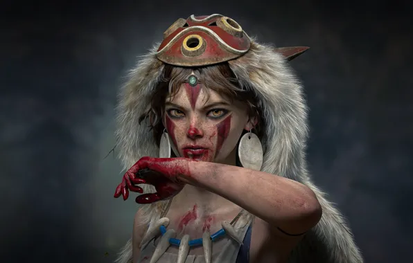Girl, blood, movie, wolf, princess, Princess Mononoke, amine, bloddy