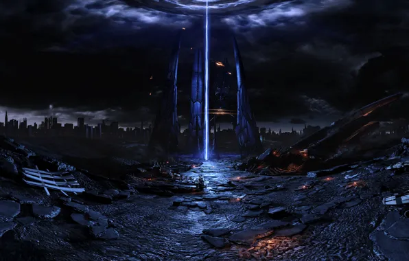 Mass effect, art, fan, reaper, space ship, pano, harbinger