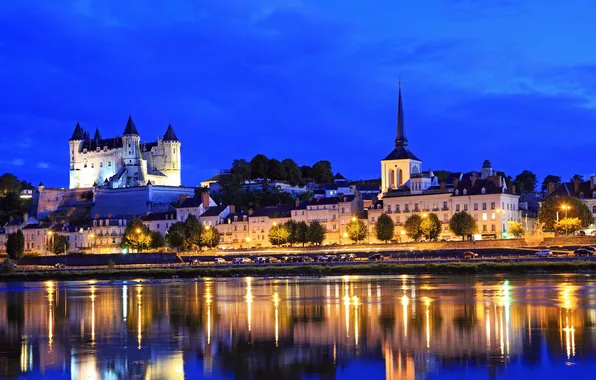 Ночь, Река, Сумерки, Dusk, Долина Луары, Замок Сомюр, Loire Valley, Отражение в воде