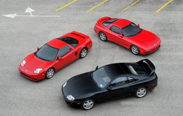 Red, black, cars, Toyota Supra, Mazda RX-7, japanese, Honda NSX